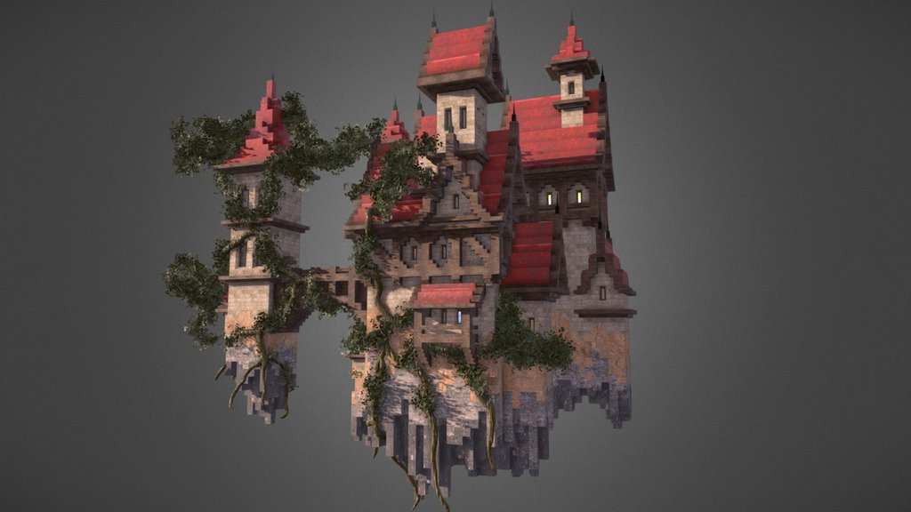 Floating castle in style of minecraft